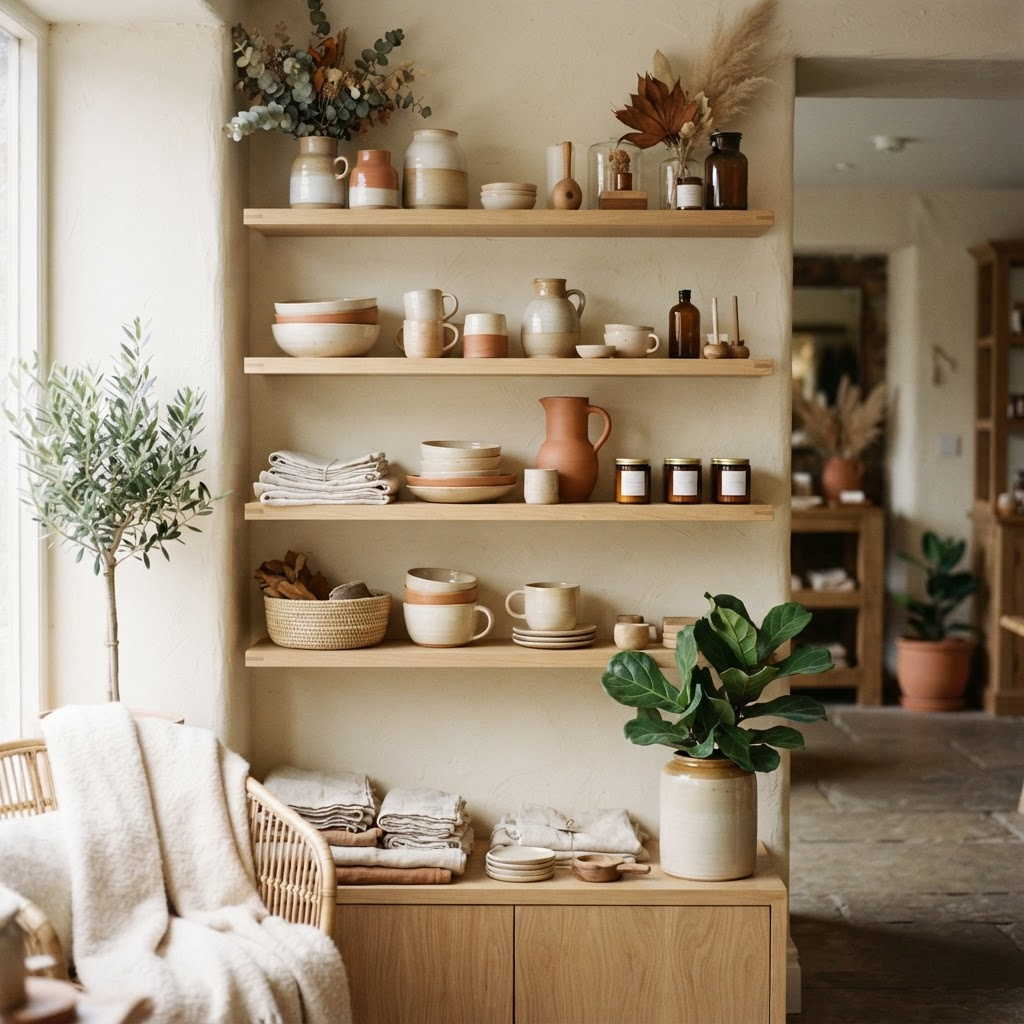 Curated retail shelves inside the hub