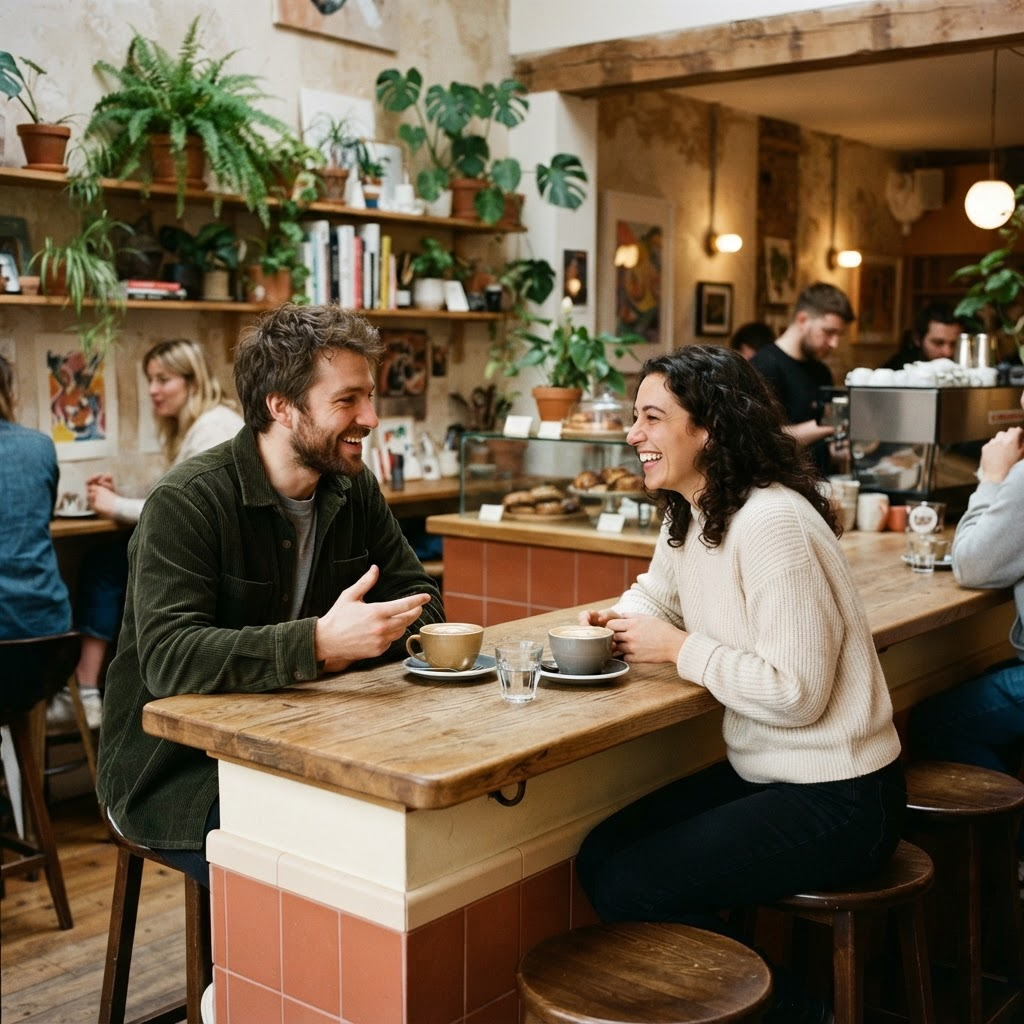 Community members chatting over coffee