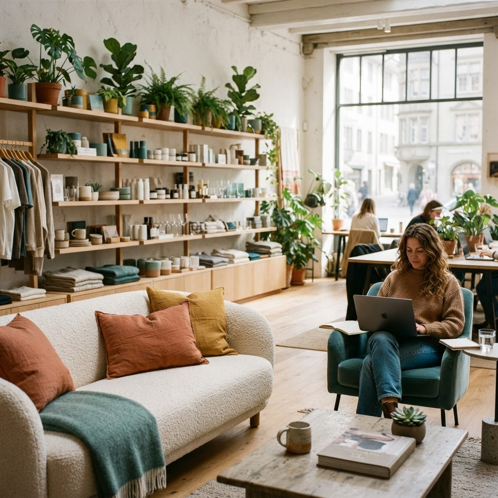 The MOSAÏKA HUB interior: a warm, plant-filled concept store and coworking space in Zürich